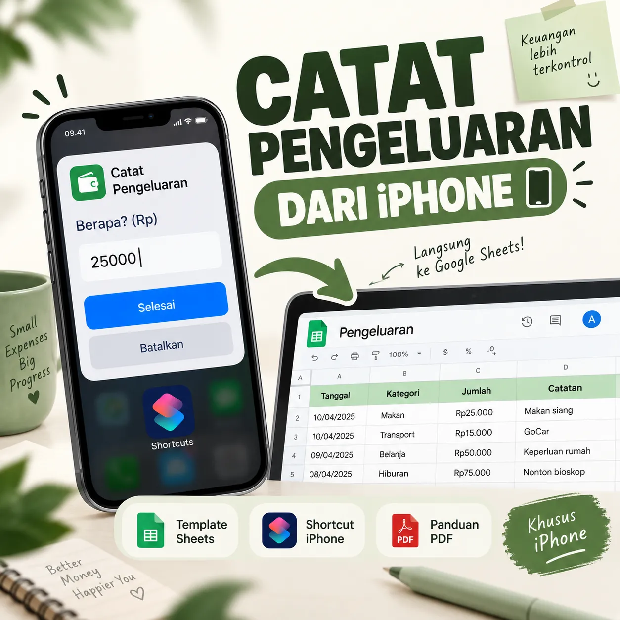 Catat Pengeluaran via iPhone — Template Google Sheets + Shortcut & Panduan Setup