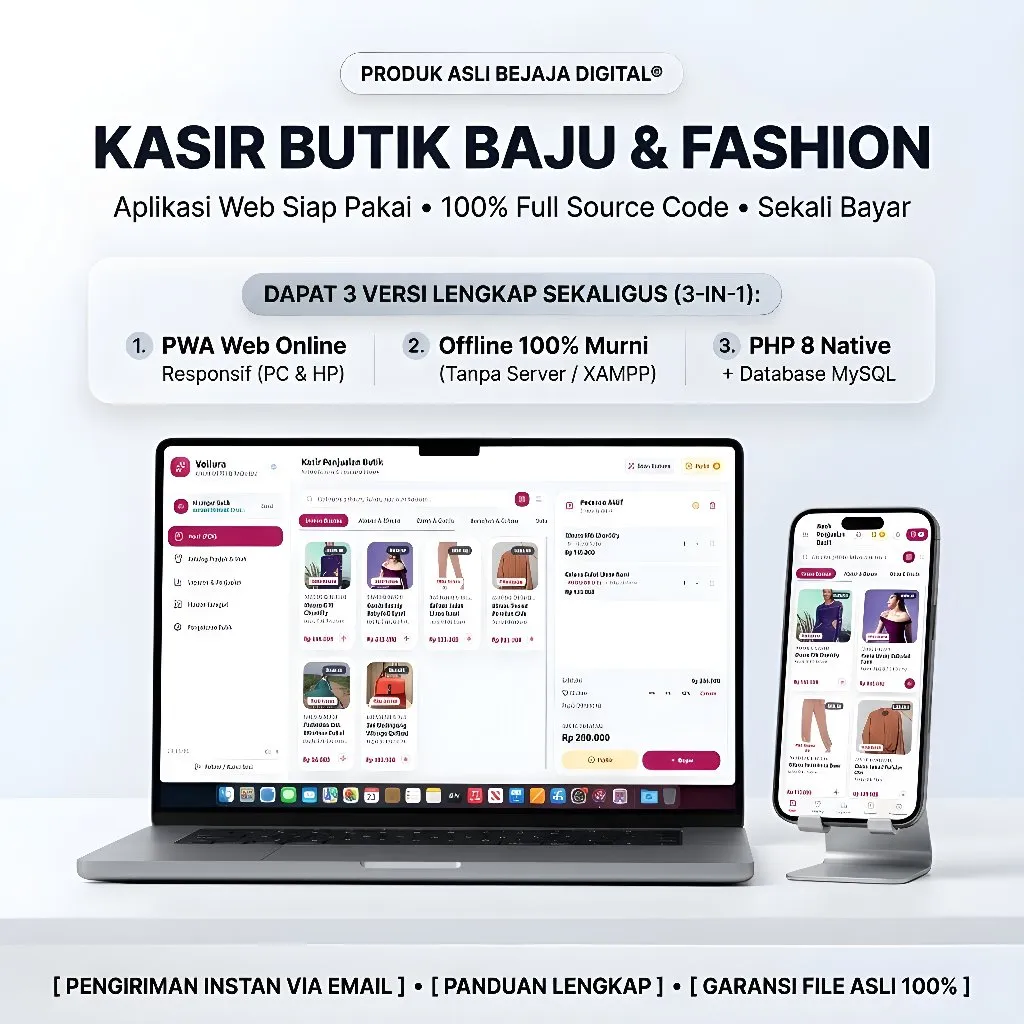 Aplikasi Kasir Butik Baju & Fashion 3 Versi Lengkap PWA Web Online Offline PHP 8 Native
