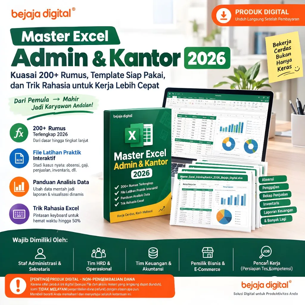 Master Excel Admin & Kantor 2026/2027 - 200+ Rumus Terlengkap, File Latihan Praktik & Panduan Analisis Data Digital - Bejaja Digital